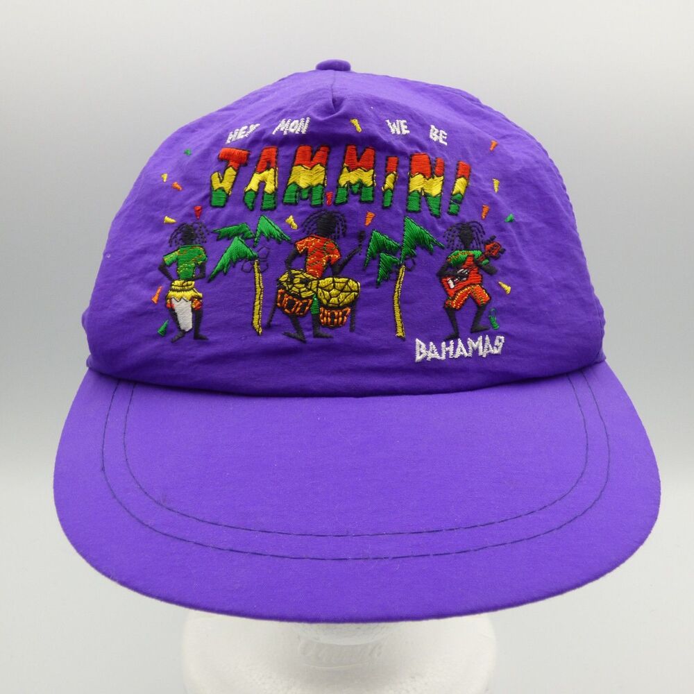 Vintage "HEY MON WE BE JAMMIN!" Bahamas Reggae Hat Cap Snapback Purple NEW